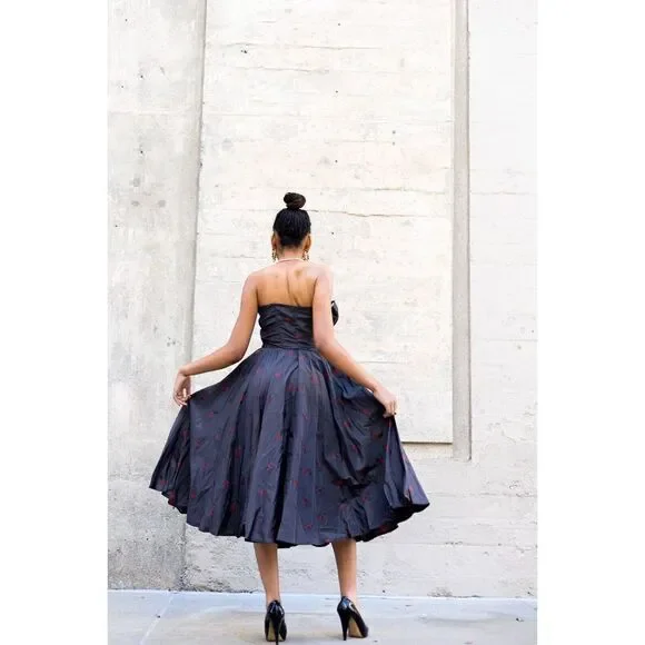 CEIL CHAPMAN‎  Pinup Dress Blue Red Cherries Vintage Rockabilty Size Small - Picture 2 of 14